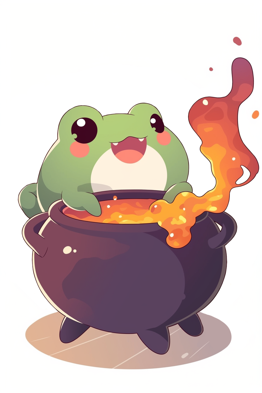halloween frog drawing ideas 2 featuring a frog happily sitting in a bubbling cauldron with magic potion spilling over
